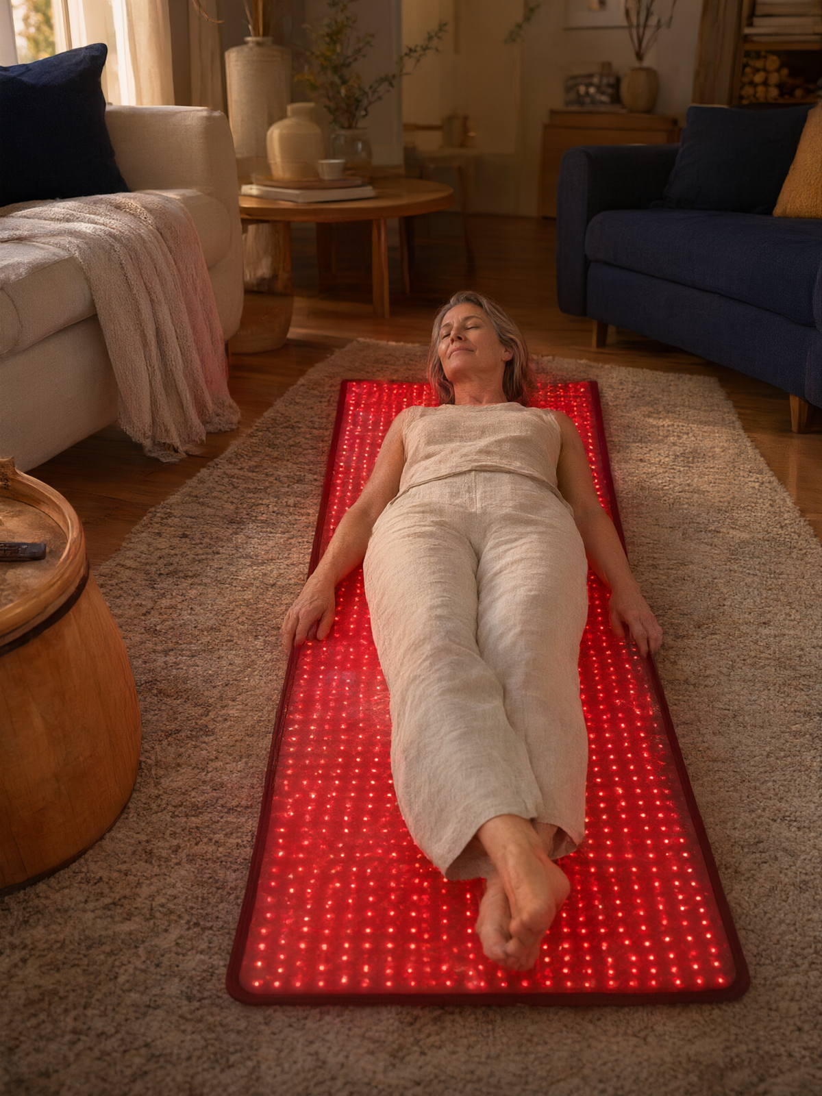 The Red Light+ Mat laid out in a living room