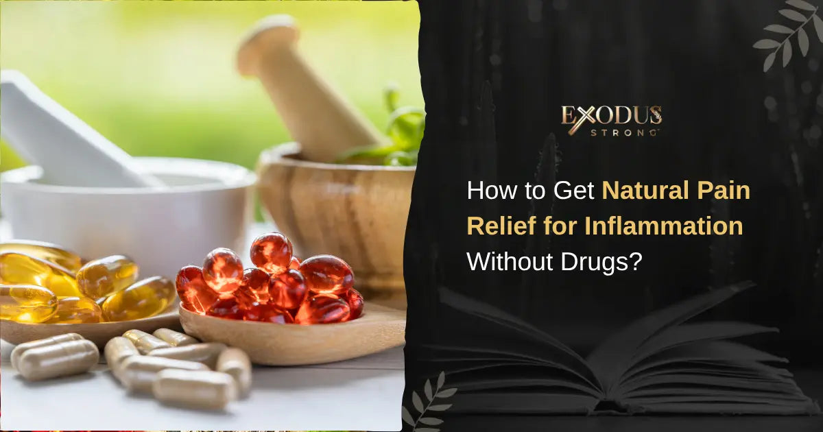 Exodus Strong blog post featured image – Mortar herbs and Exodus Strong logo promoting natural pain relief for inflammation without drugs