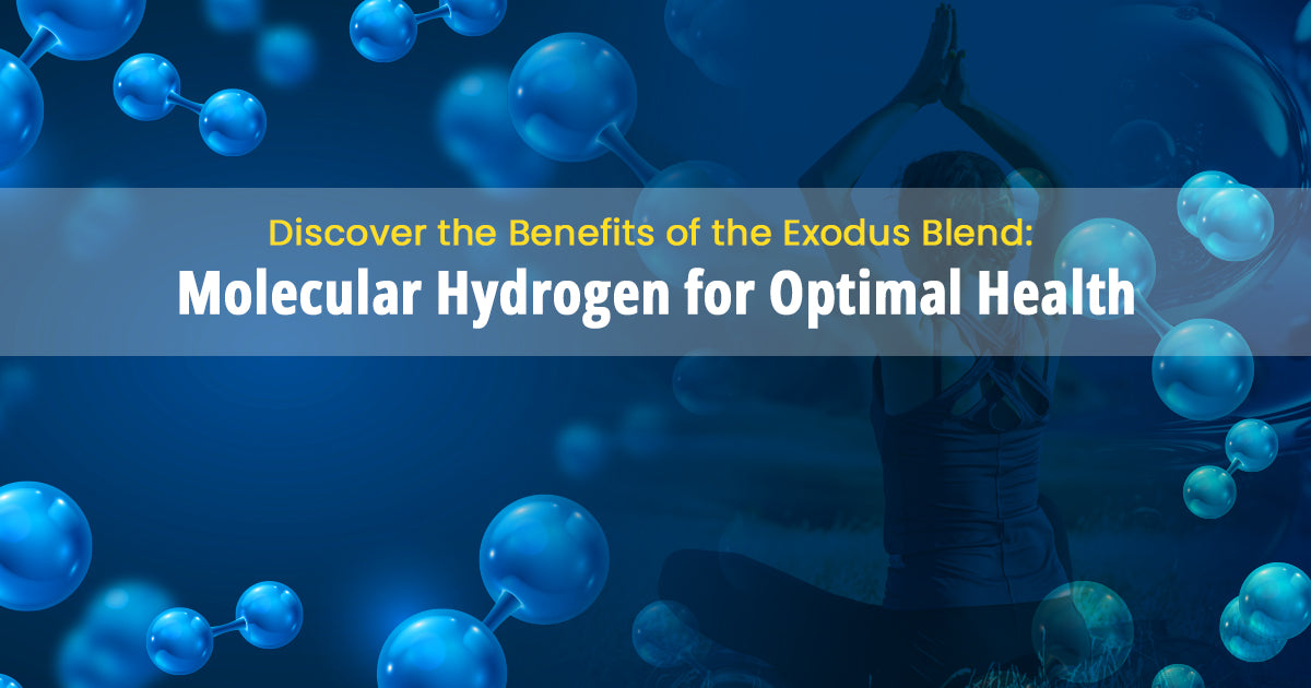 featured image - Molecular hydrogen molecules background with text: Discover the Benefits of the Exodus Blend Molecular Hydrogen for Optimal Health.