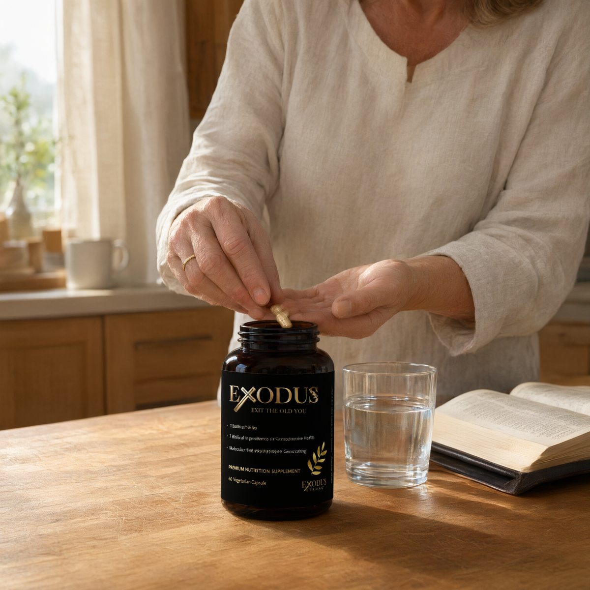 Exodus supplement on a kitchen counter