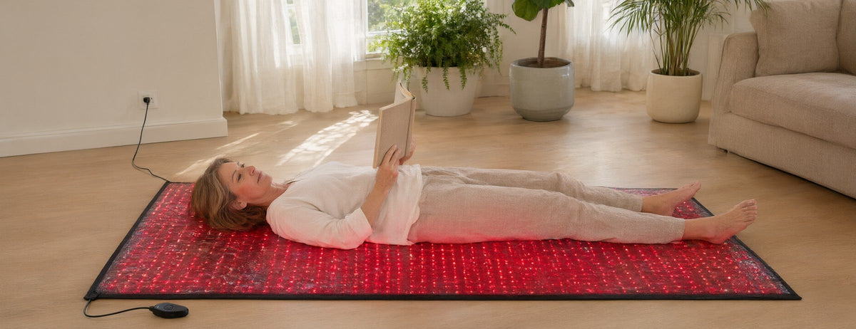 A woman in her fifties reading while lying on the Red Light+ Mat on her living room floor in daylight