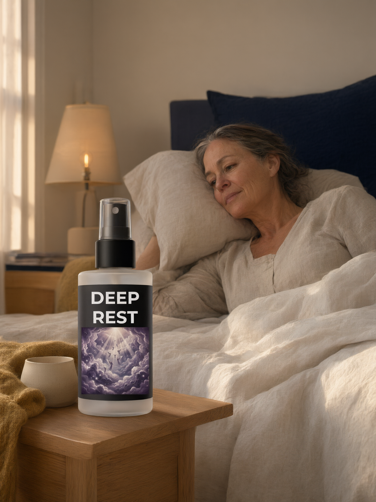 The Deep Rest Frequency Mist+ on a bedside table