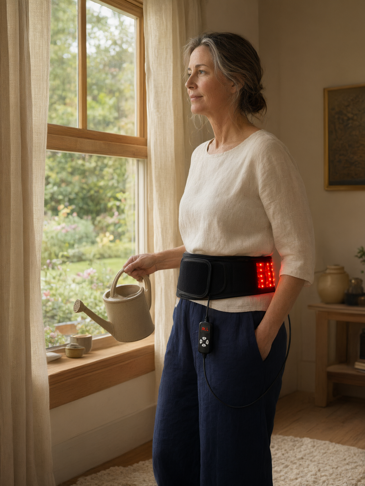 A woman wearing the Belt+ at a garden window