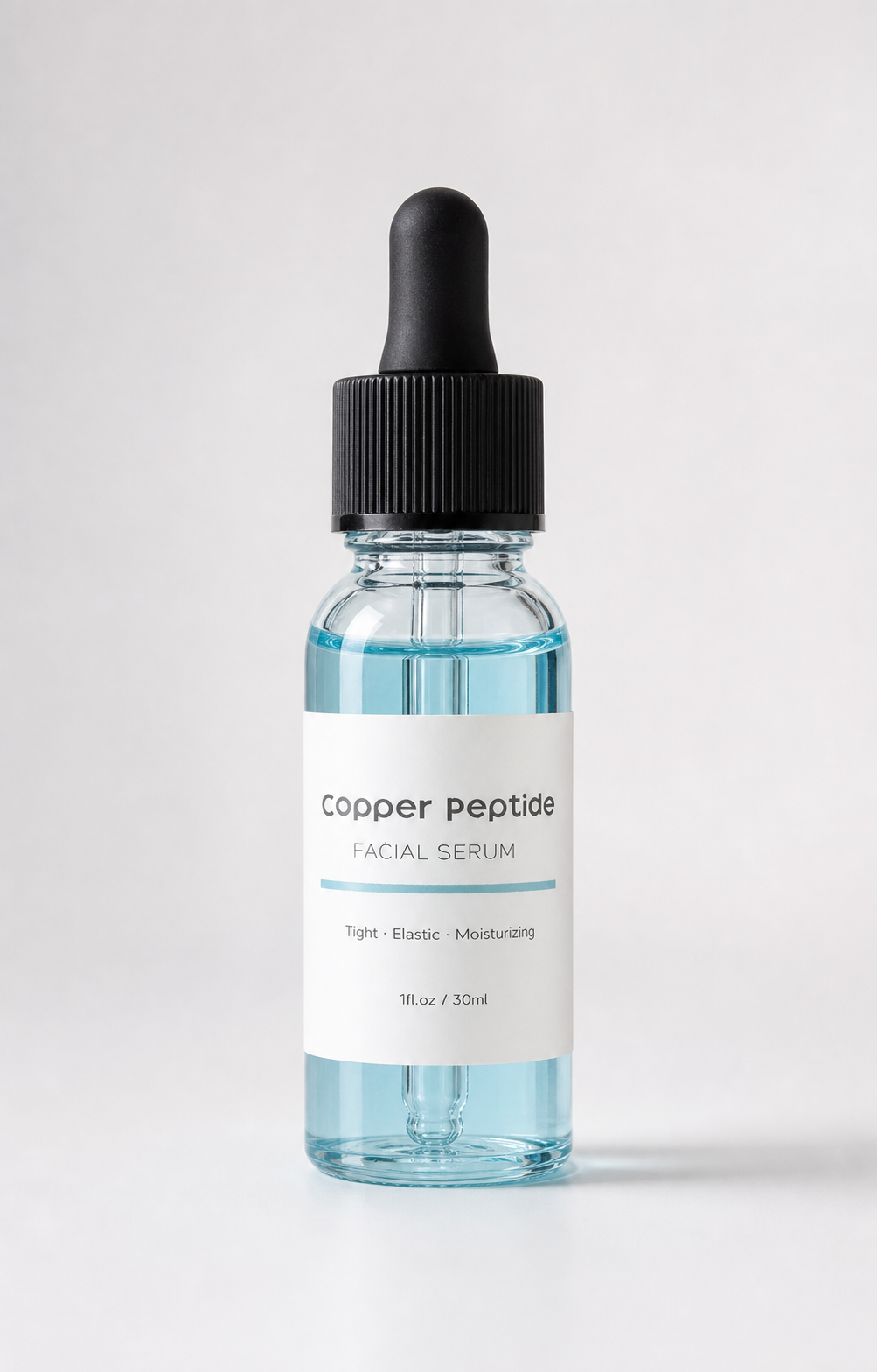 Copper Peptide Prep Serum in a 30 mL glass dropper bottle with pale blue serum, on a white background
