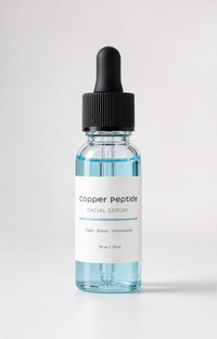 Copper Peptide Prep Serum in a 30 mL glass dropper bottle with pale blue serum, on a white background