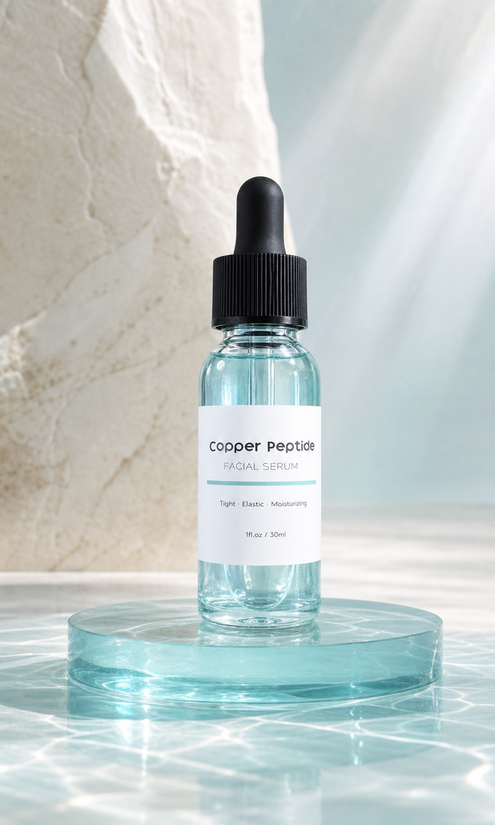 Copper Peptide Prep Serum bottle on a glass riser in soft daylight, pale blue GHK-Cu serum visible through clear glass
