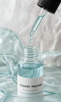 A drop of blue copper peptide serum falling from the glass dropper into the open 30 mL bottle