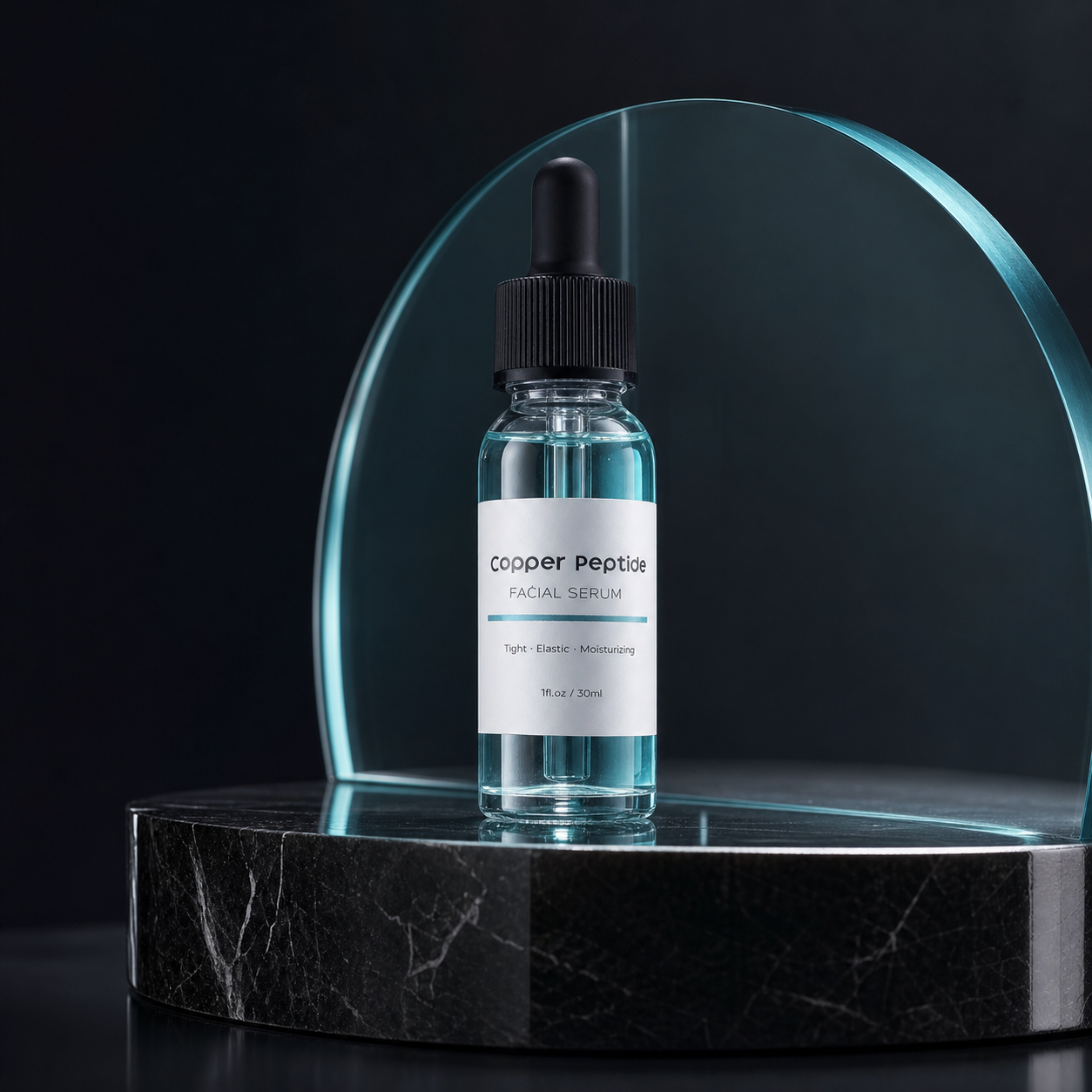 Copper Peptide Prep Serum bottle lit against a dark background on black marble