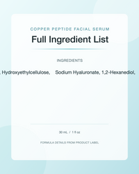 Full ingredient list for Copper Peptide Prep Serum: water, glycerin, copper tripeptide-1, hydroxyethylcellulose, sodium hyaluronate, 1,2-hexanediol, caprylyl glycol, ethylhexylglycerin, phenoxyethanol