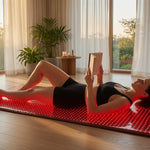 Woman using Total Body Reset red light mat while reading