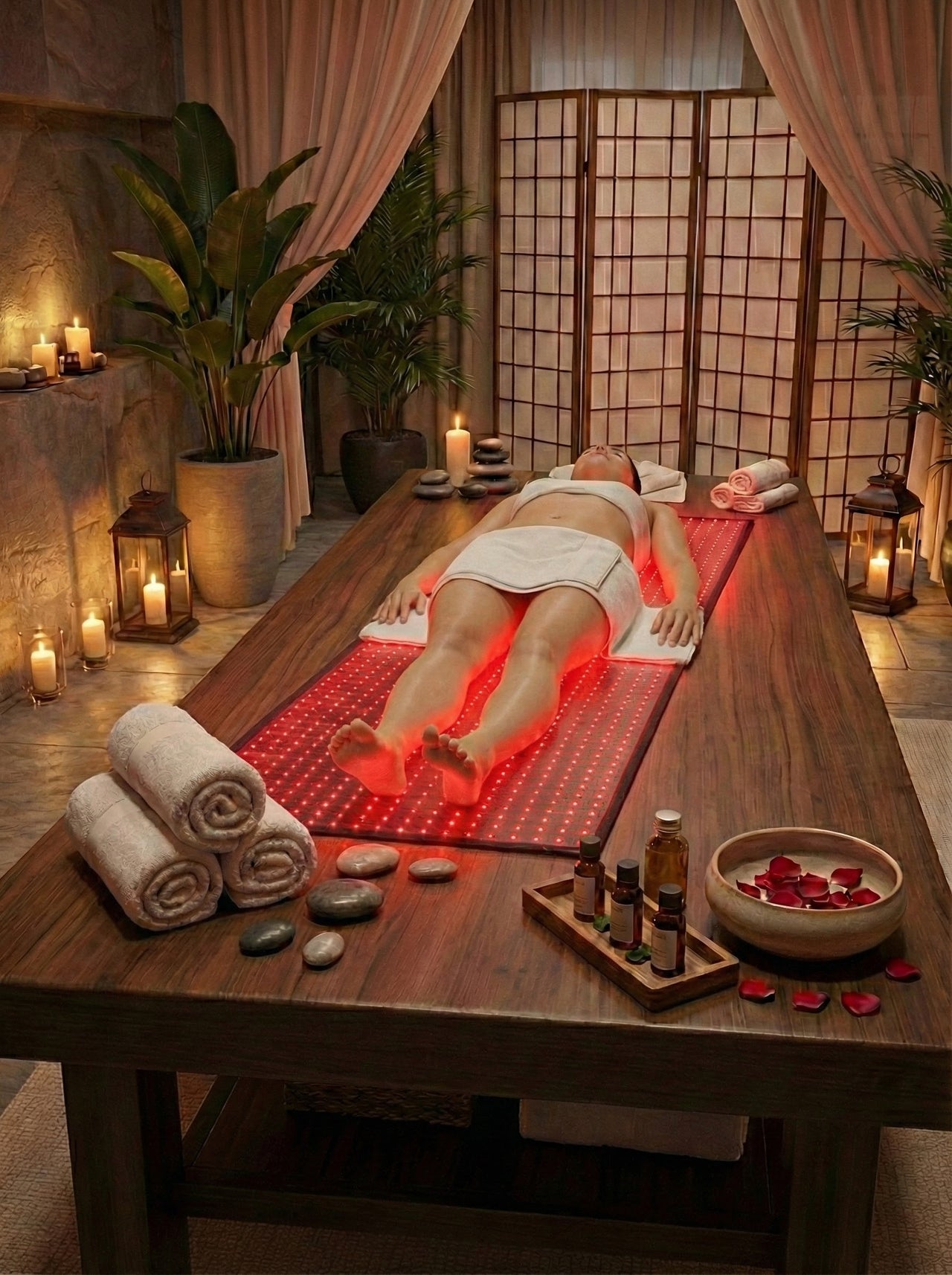 Woman resting on Total Body Reset red light mat