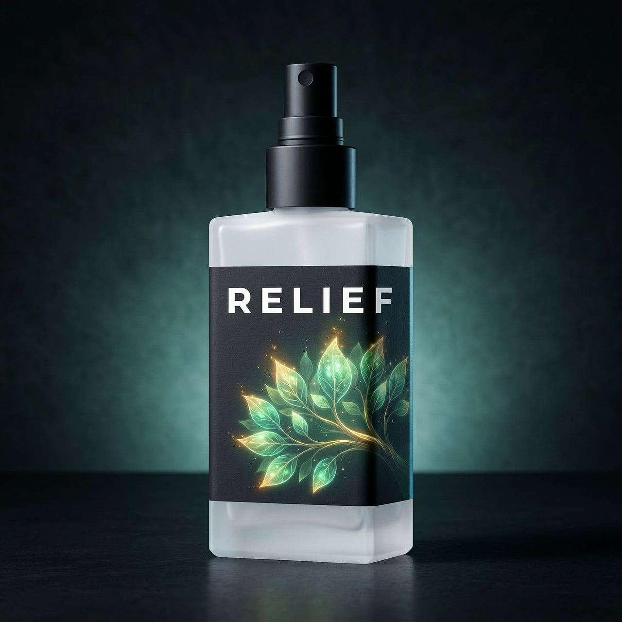 Bottle labeled 'RELIEF' with leaf design on a dark background