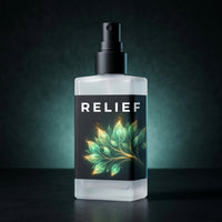 Bottle labeled 'RELIEF' with leaf design on a dark background