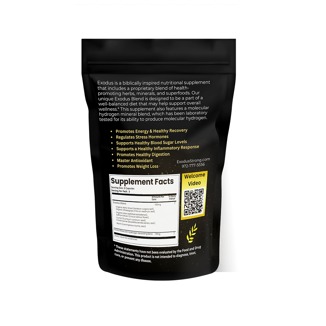 Exodus Strong Travel Pack back label showing supplement facts and biblical ingredient list