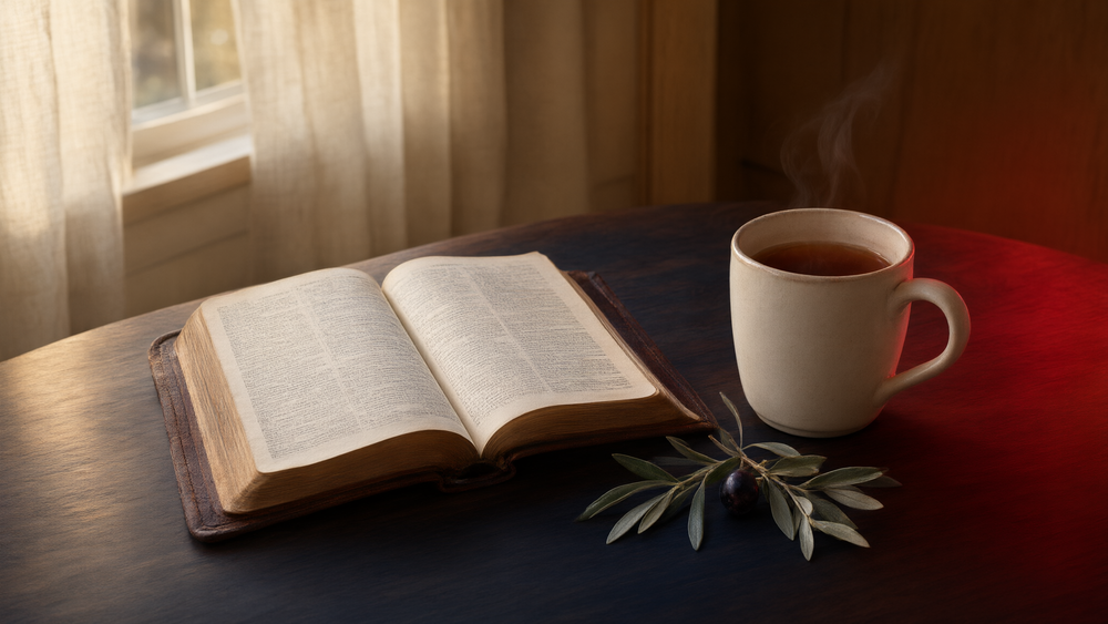 An open Bible, a mug of tea and a sprig of olive in warm red light