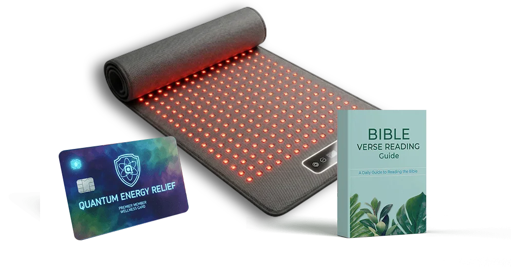 Exodus Strong Wellness Bundle featuring Red Light Therapy Mat, Bible Verse Reading Guide, and Quantum Energy Relief Card