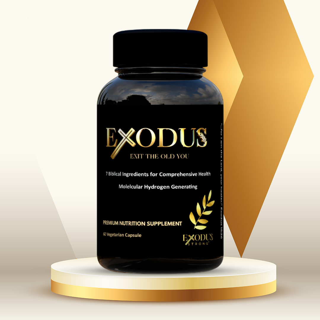Exodus Strong supplement bottle – faith-based daily wellness formula with biblical herbs