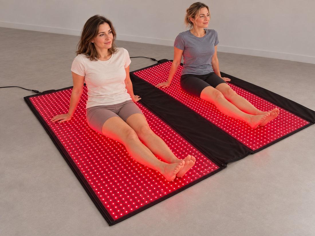 Two women seated on open Red Light+ Blankets in a studio