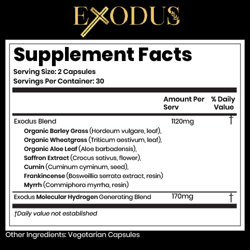 Exodus Strong supplement facts panel – full nutritional and biblical ingredient label