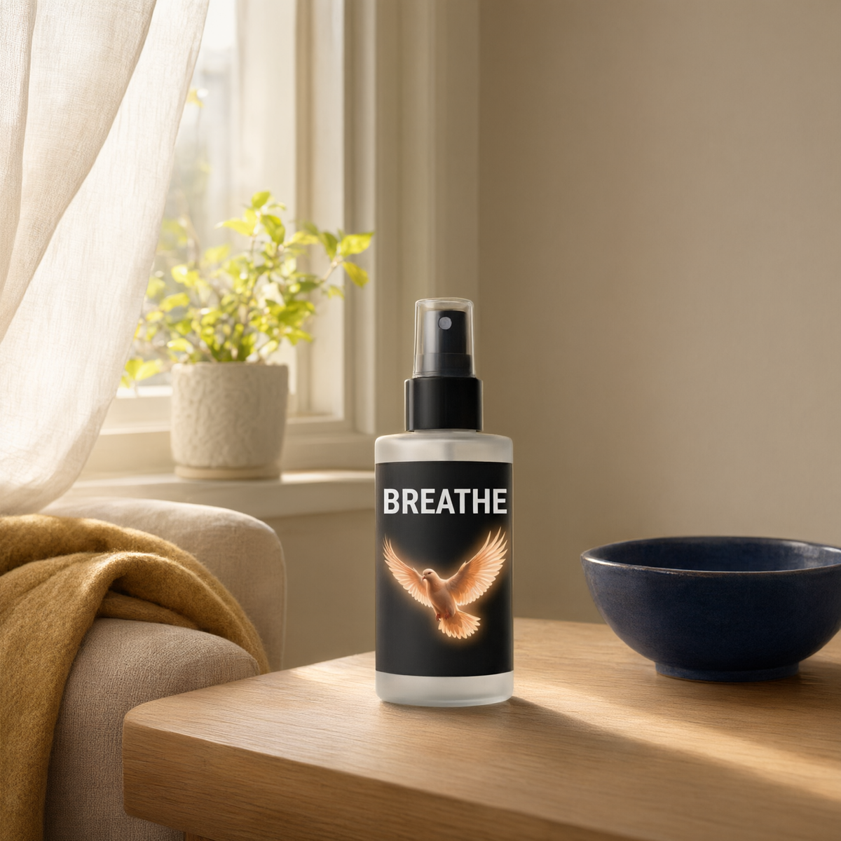The Frequency Mist+ Breathe bottle in a quiet home scene