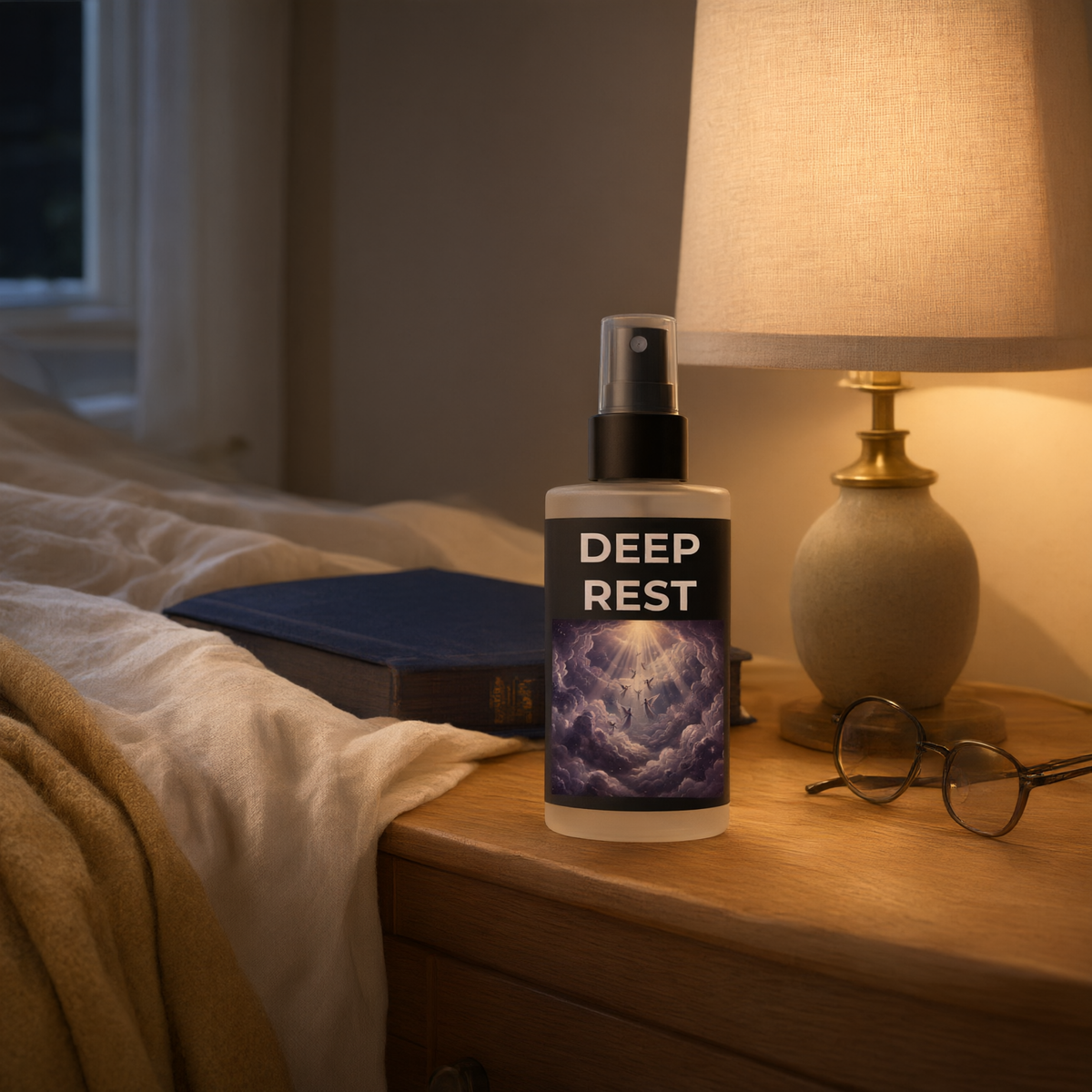 The Frequency Mist+ Deep Rest bottle in a quiet home scene