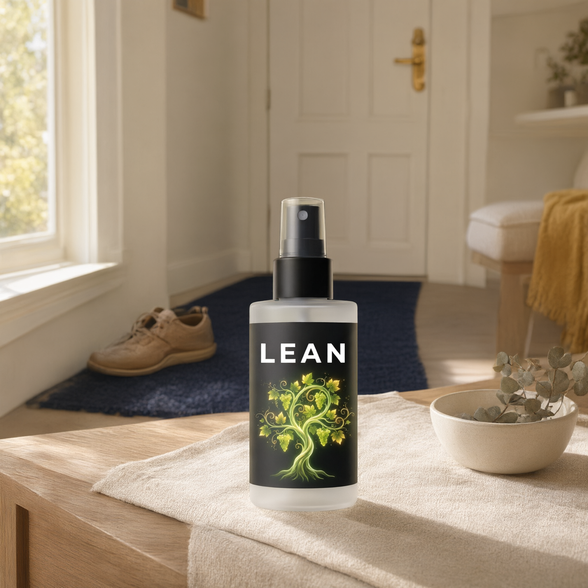 The Frequency Mist+ Lean bottle in a quiet home scene