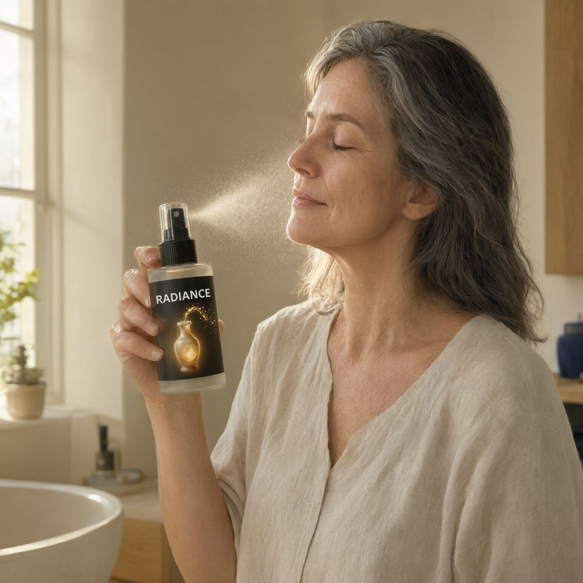 A woman misting her face in morning window light