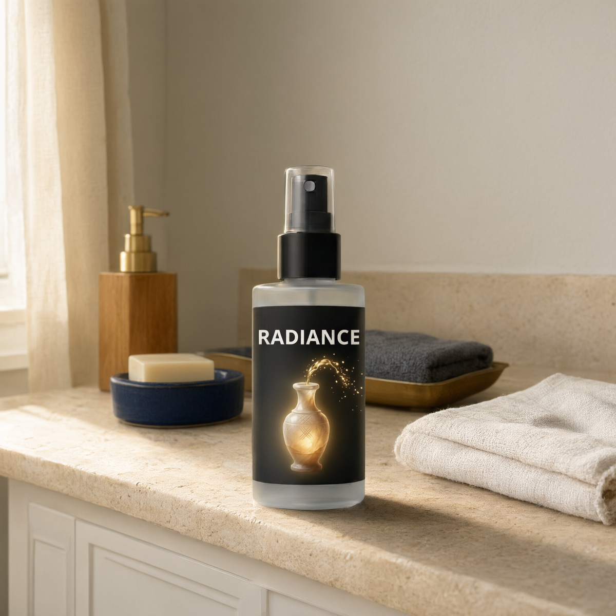The Frequency Mist+ Radiance bottle on a bathroom counter