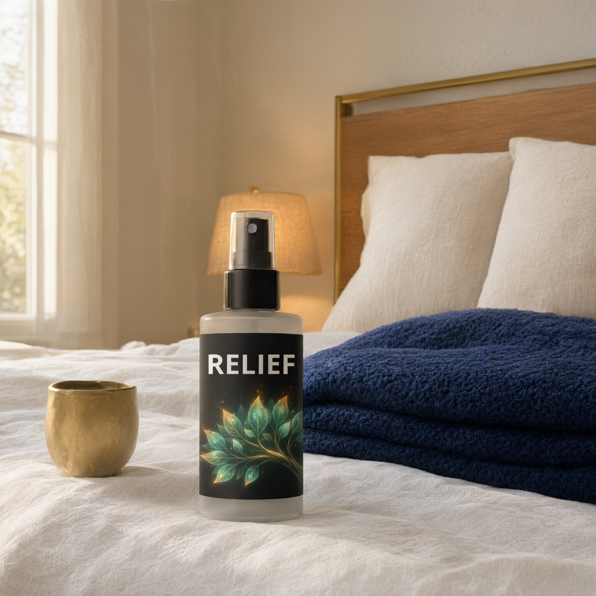 The Frequency Mist+ Relief bottle in a quiet home scene