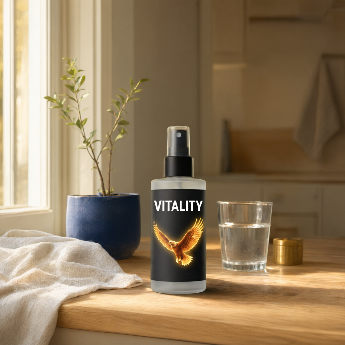 The Frequency Mist+ Vitality bottle in a quiet home scene