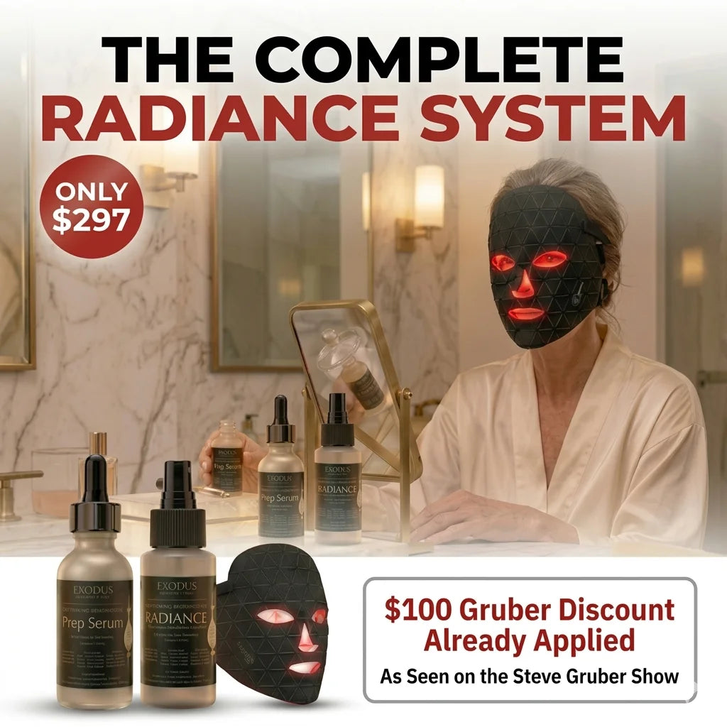 Complete Radiance System with LED facial mask and Exodus skincare serums promoted with Steve Gruber Show discount