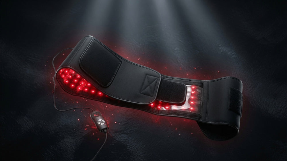 The Red Light Belt+ with its red LEDs glowing and its corded controller