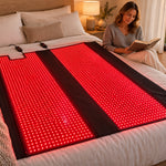 The Red Light+ Blanket lit on a bedroom floor in the evening
