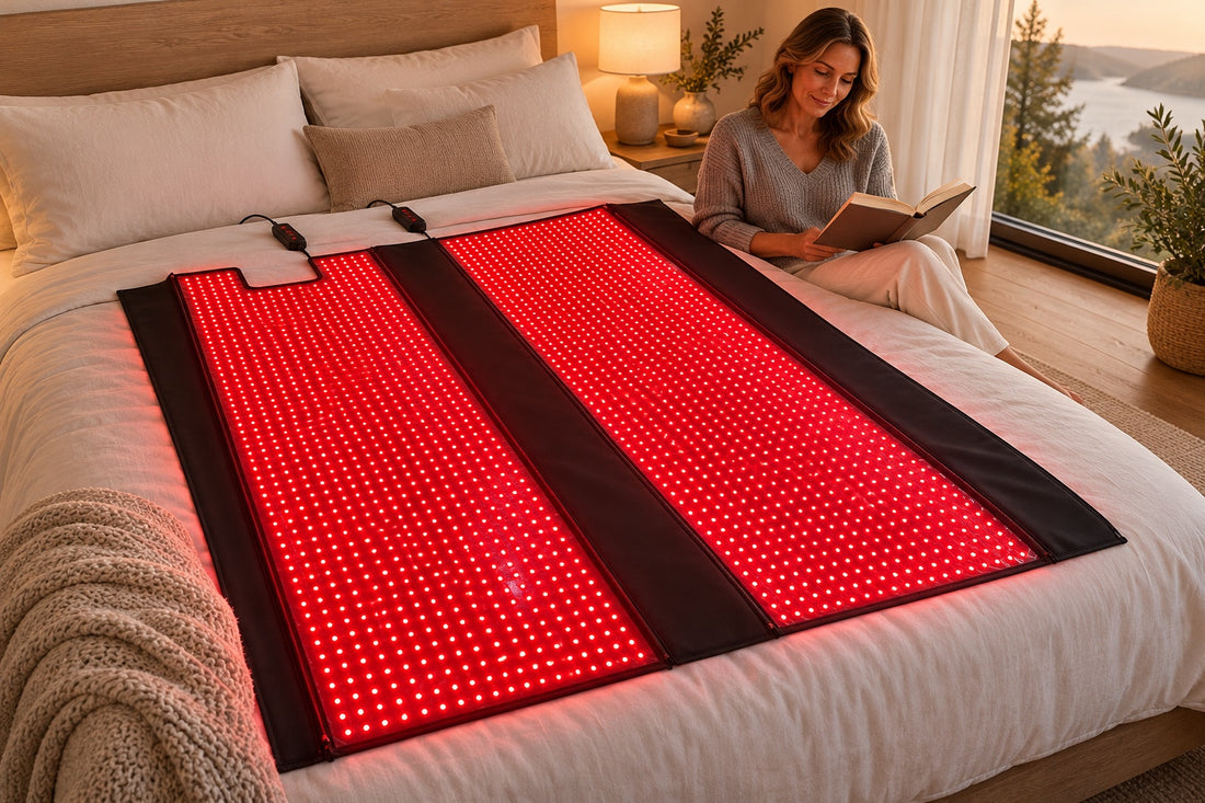 The Red Light+ Blanket lit on a bedroom floor in the evening