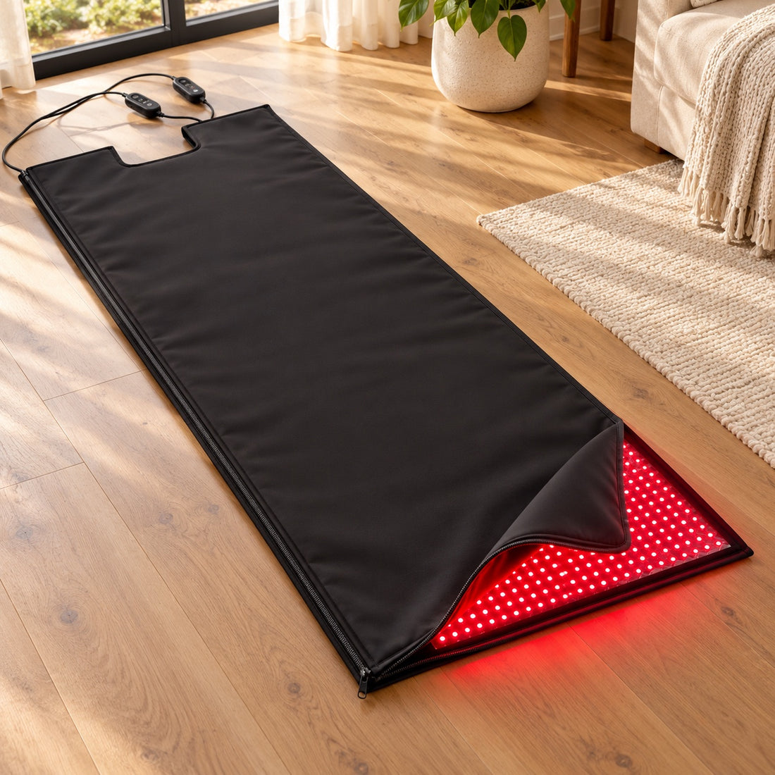 The Red Light+ Blanket closed and flat with one corner lifted