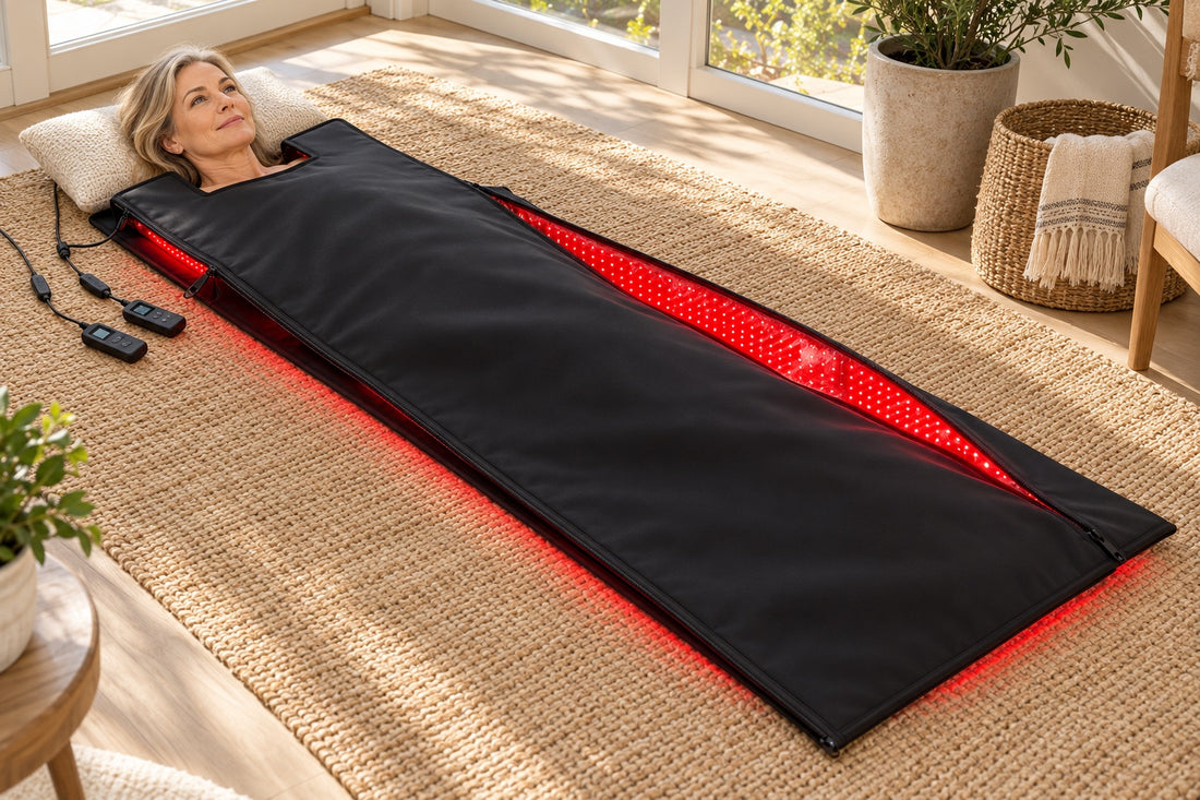 A woman lying inside the Red Light+ Blanket, head out, awake, in a bright sunroom