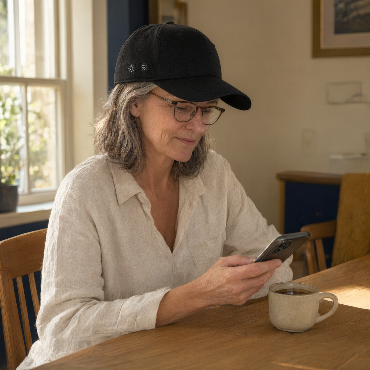 A woman wearing the Red Light Cap at a sunny breakfast table