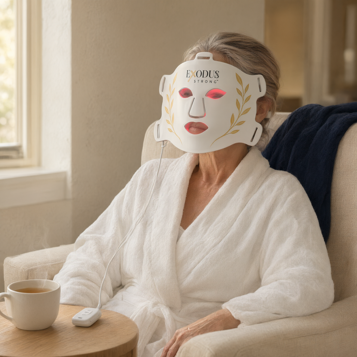 A woman relaxing in an armchair wearing the white Red Light+ Face Mask