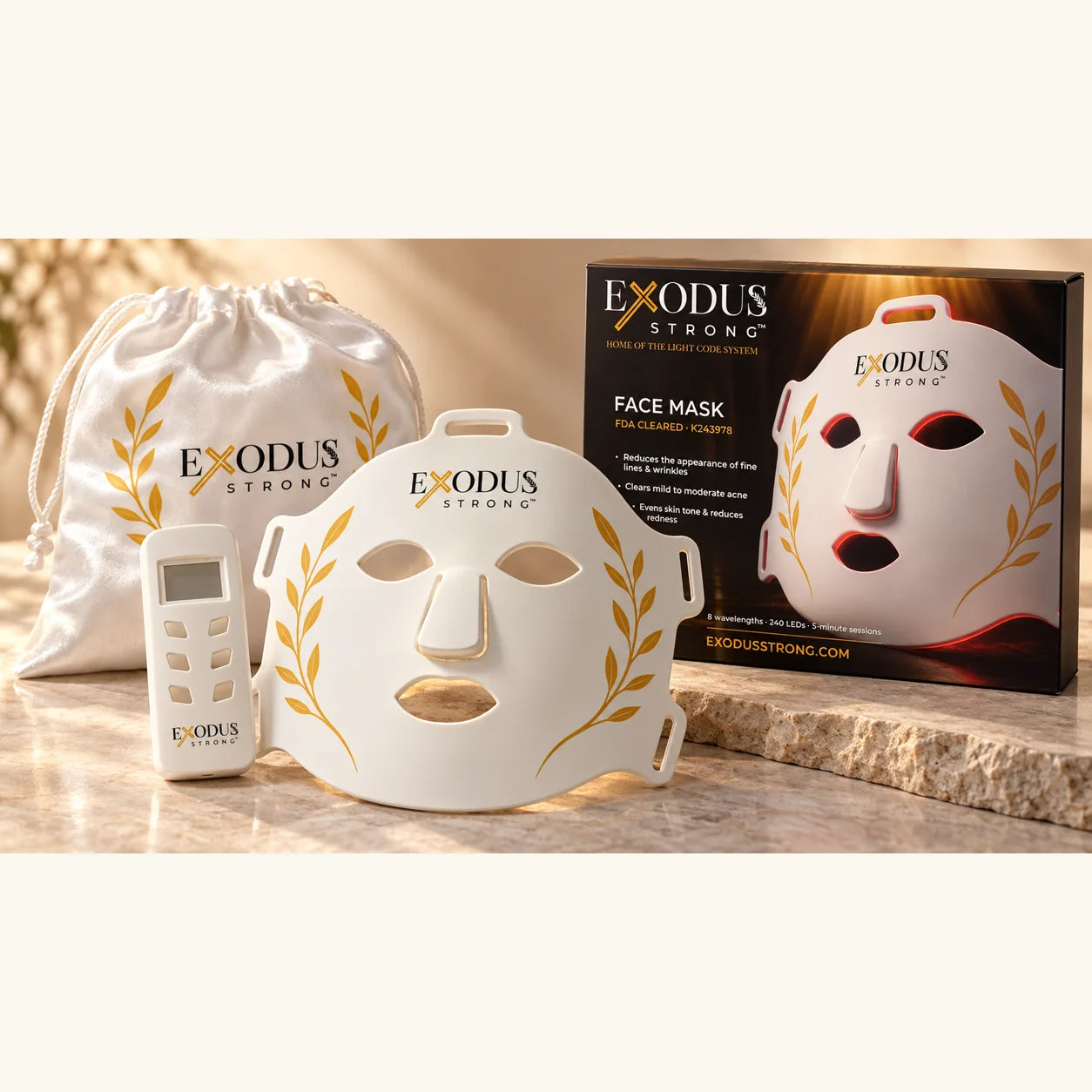 The Red Light+ Face Mask kit: mask, controller, satin storage bag and box