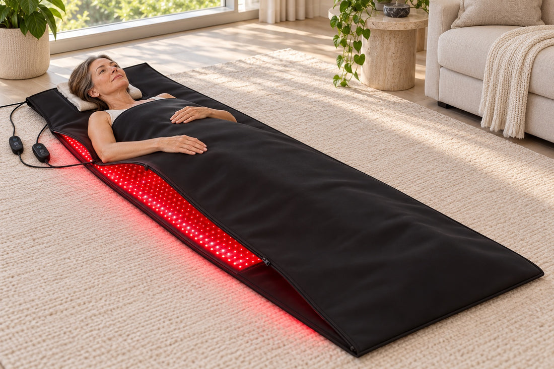 A woman lying inside the Red Light+ Laser Blanket, head out, awake, in morning light