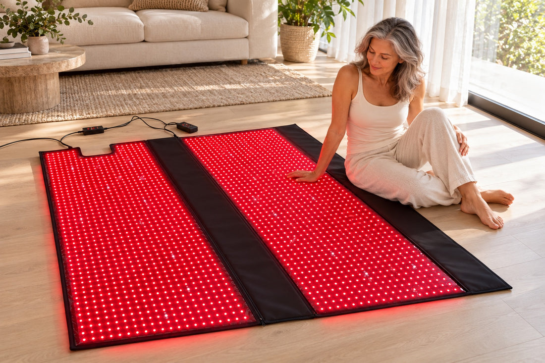 A woman seated beside the open Red Light+ Laser Blanket in a bright living room