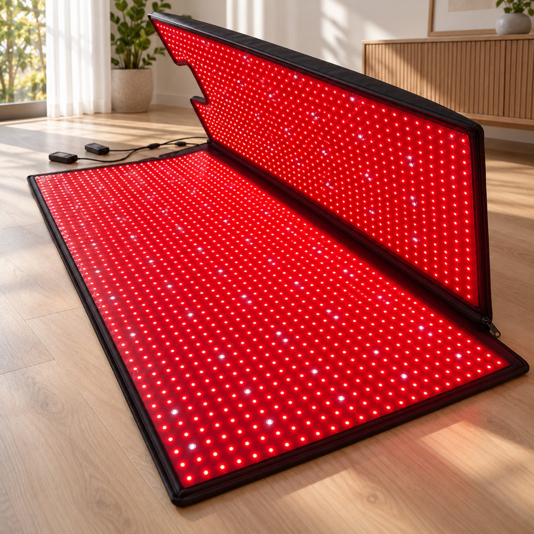 The Red Light+ Laser Blanket with the top panel held open on its hinge like a book cover