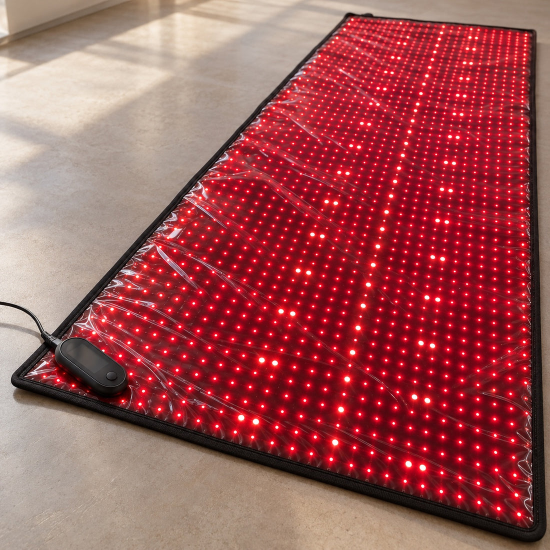 The Red Light+ Laser Mat grid up close with the controller at the corner