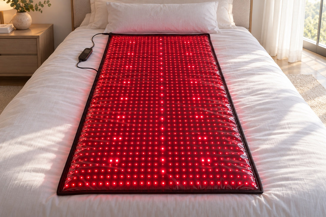 The Red Light+ Laser Mat lit on a made bed in morning light