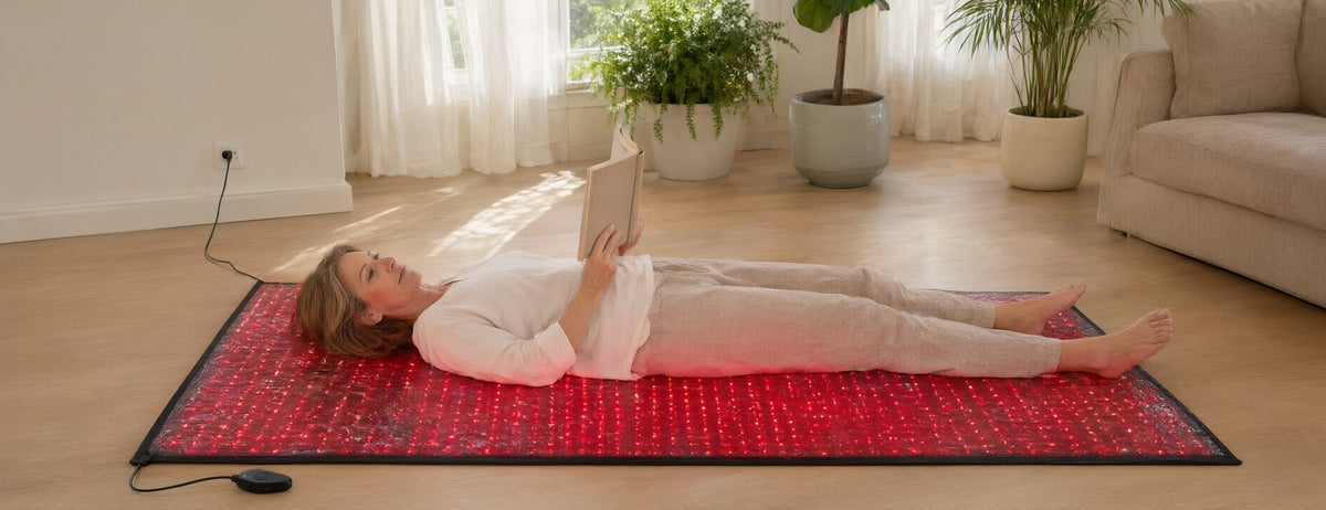 A woman in her fifties reading while lying on the Red Light+ Mat on her living room floor in daylight
