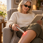 A woman wearing protective glasses uses the Red Light+ Wand on her knee while reading