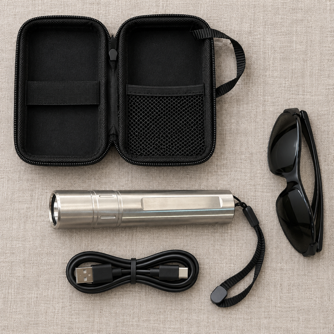 What comes in the box: Red Light+ Wand with wrist lanyard, zip carry case, USB charging cable and protective glasses