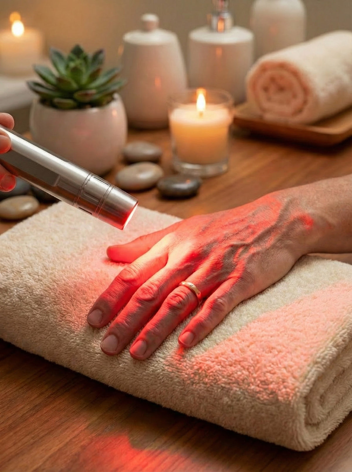 The Red Light Wand shining red light onto the back of a hand