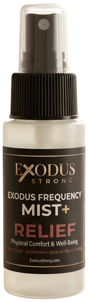 Exodus Strong Frequency Mist+ Relief bottle with black spray nozzle on a white background