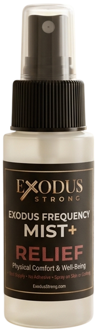 Exodus Strong Frequency Mist+ Relief bottle with black spray nozzle on a white background